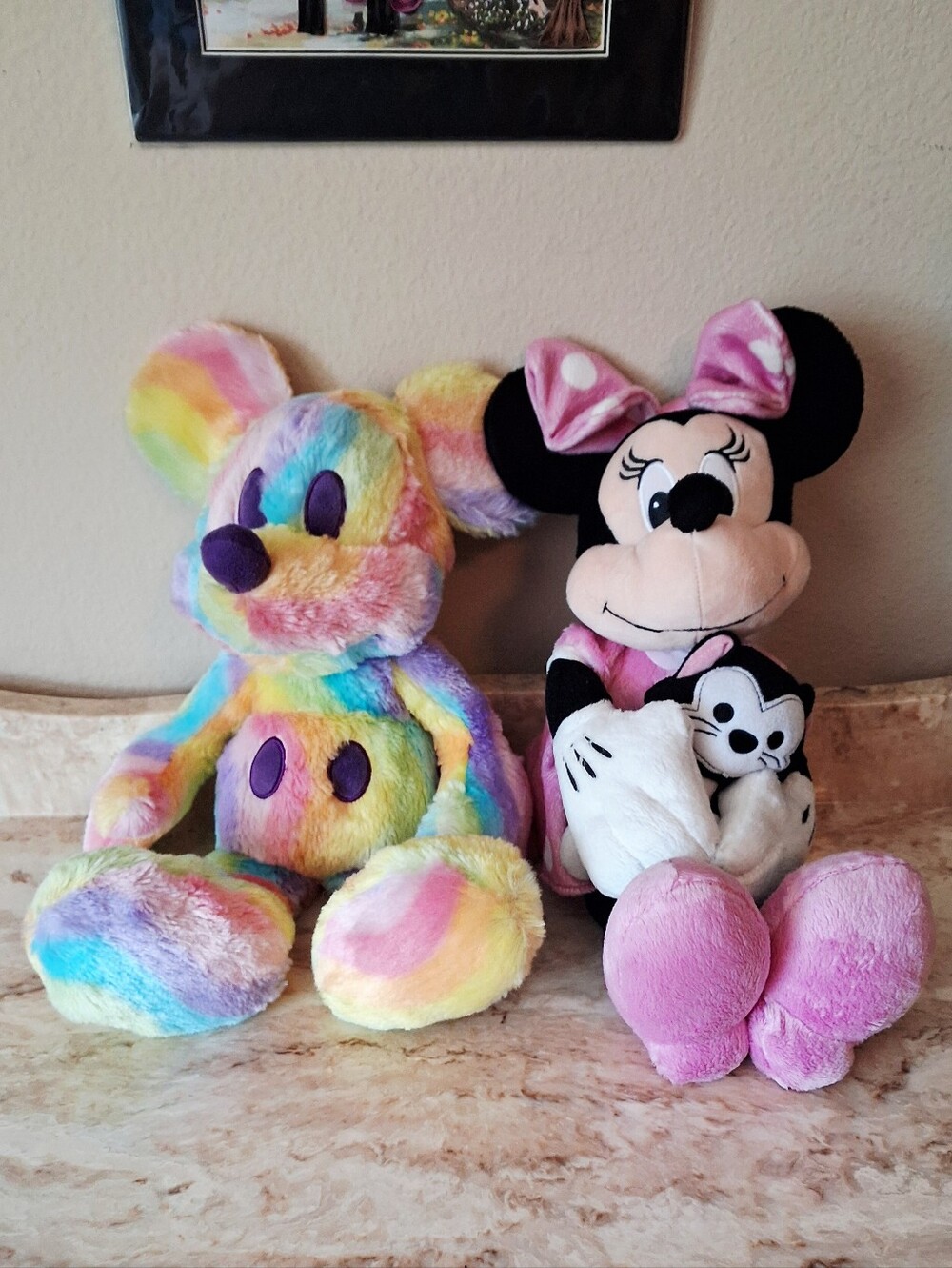 Disney Rare Rainbow Pastel Tie Dye Mickey Mouse And Minnie Mouse / Figaro Plush